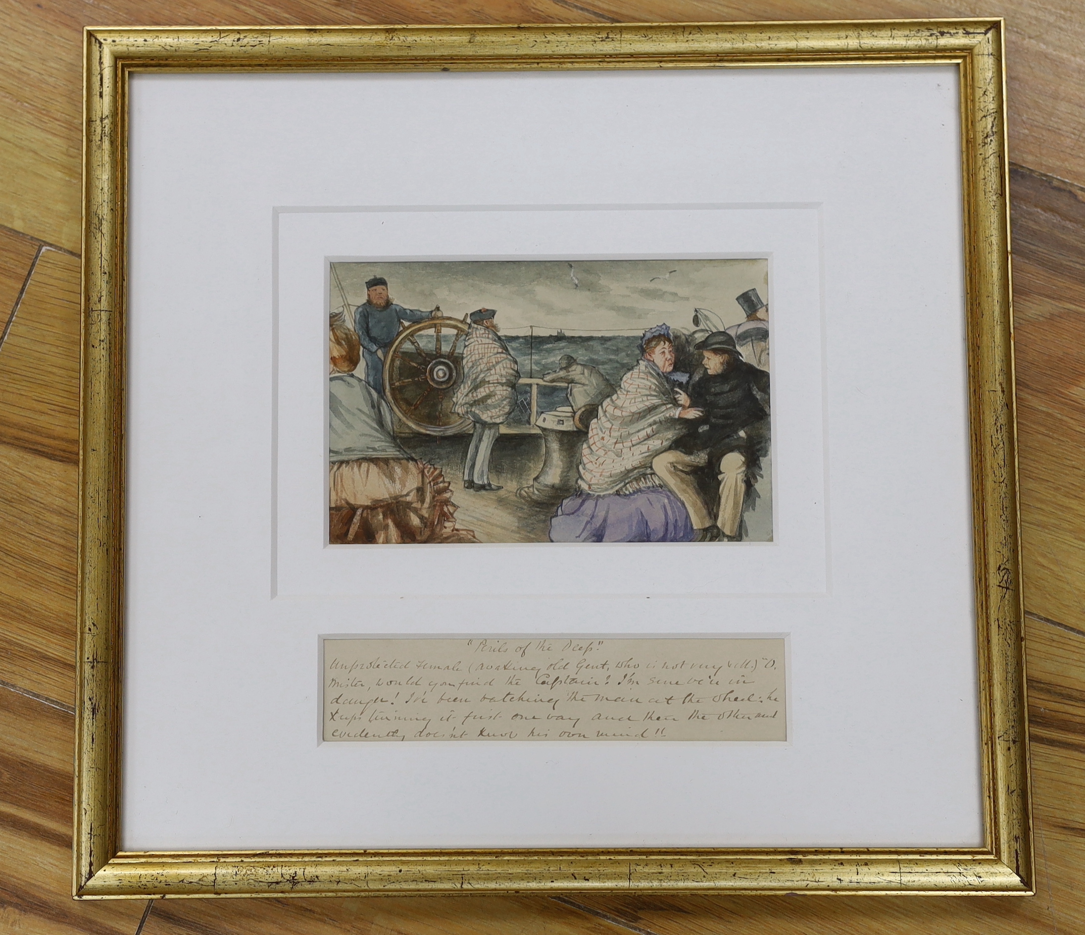 English school, late 19th century, watercolour, Perils of the Deep, inscribed title and verse in ink, Image only 10.5 x 16 cm